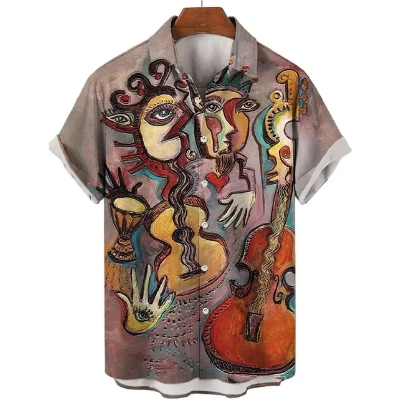 Hawaiian Figure Music Guitar Shirt For Men Art Pattern Vintage 3D Print Holiday Tops Streetwear Short Sleeve Summer Casual New