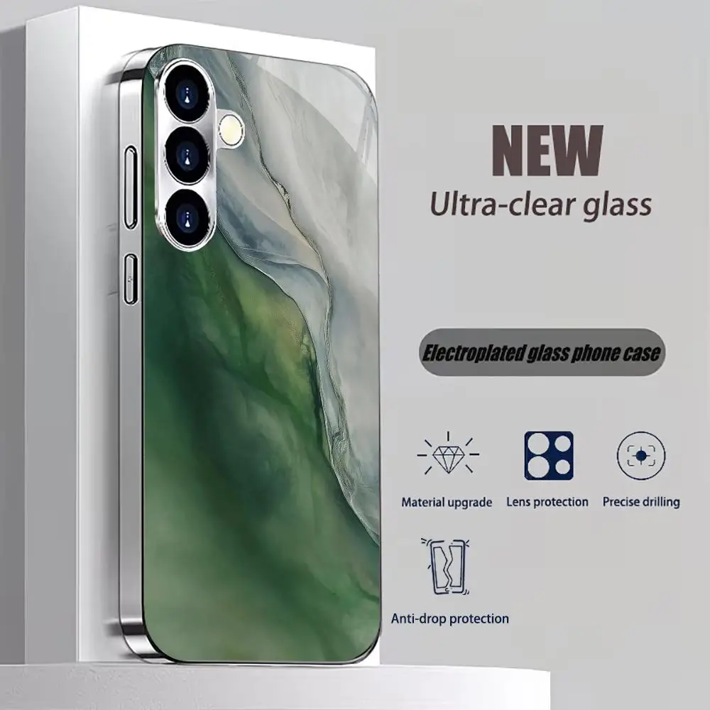 Green ink textured glass phone case suitable for Samsung Galaxy S26 S25 S24 S23 S22 S21 S20 FE/Ultra/Plus anti drop back cover