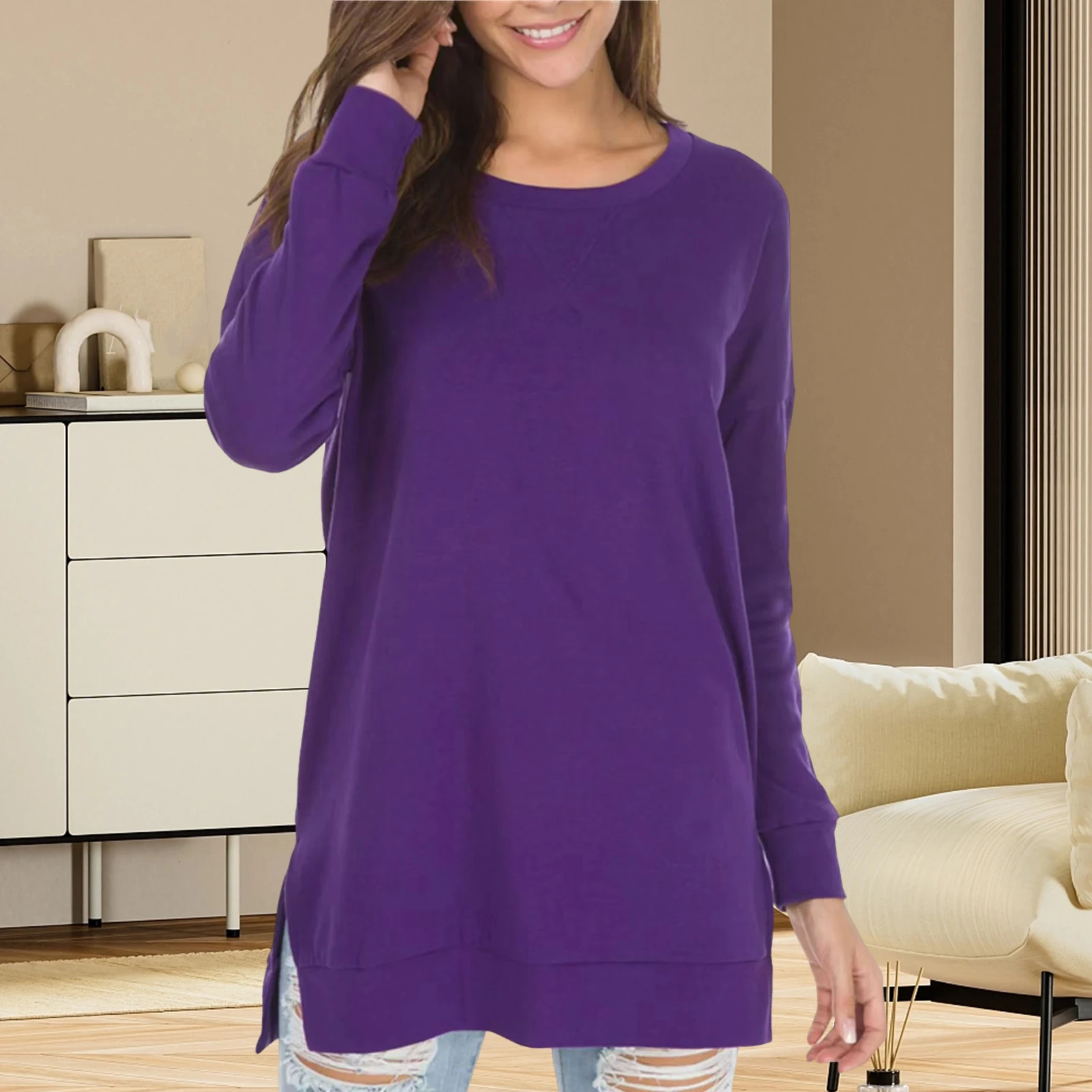 

Шикарная Тонкая блузка с длинным рукавом, эластичная мягкая текстура, разрез по бокам, Женская туника, блузка, легкая женская блузка