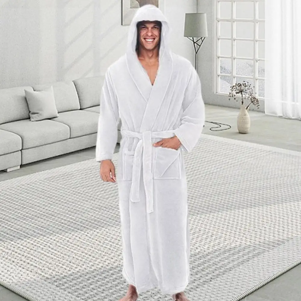 Luxury Men's Hooded Bathrobe Highly Absorbent Plush Bathrobe With Adjustable Belt Fluffy Coral Fleece Bathrobe Kimono Gown