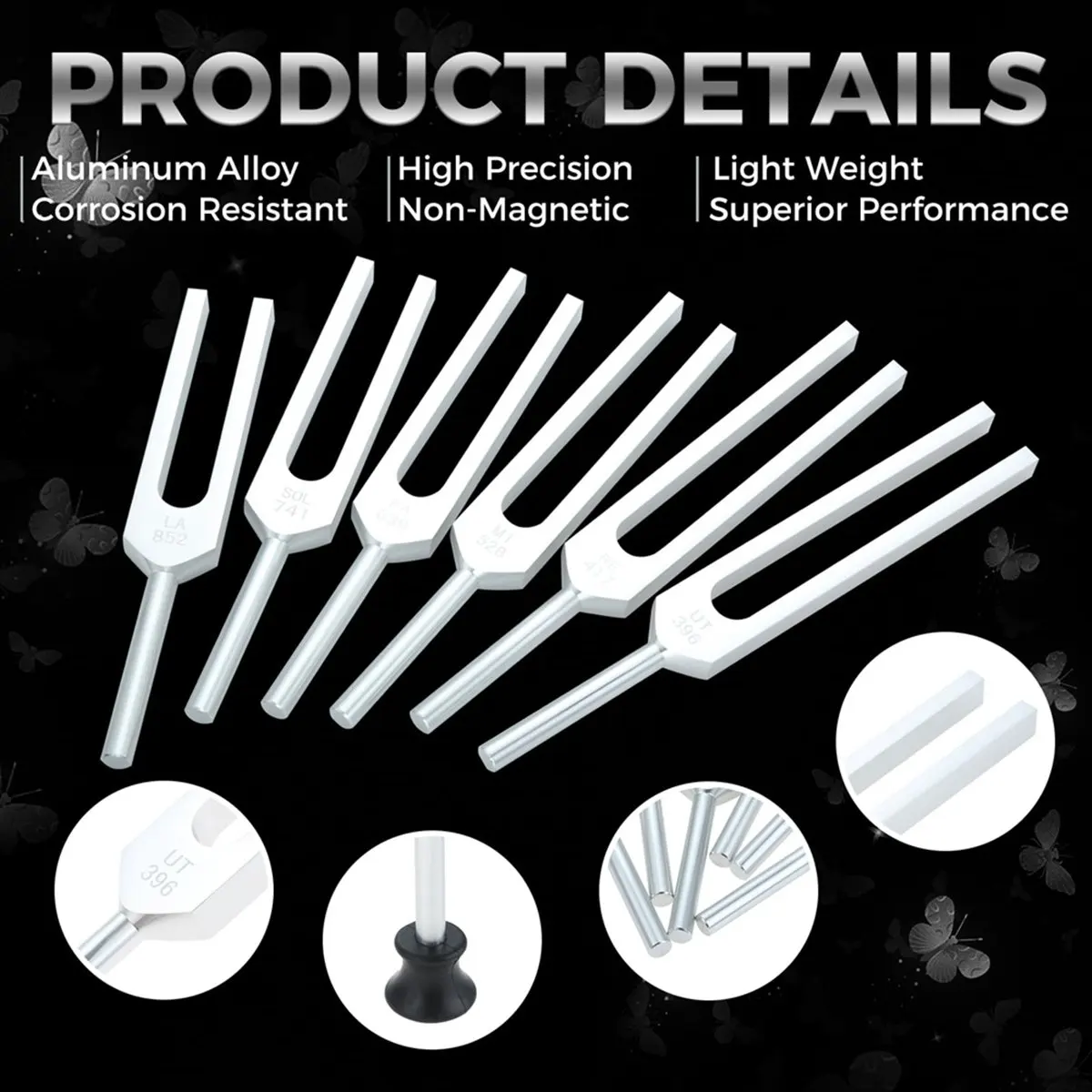 [828-sale]-tuning-fork-set-of-6-ut-396hz-re-417hz-mi-528hz-sol-639hz-fa741hz-la-852hz-with-wooden-hammer-and-storage-bag