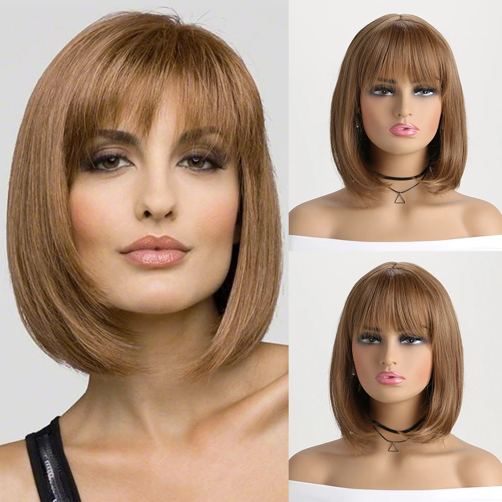 

Short Synthetic Straight Hair Bob Wig for Woman Daily Use Wig Highlight Brown Wigs Hair Heat Resistant
