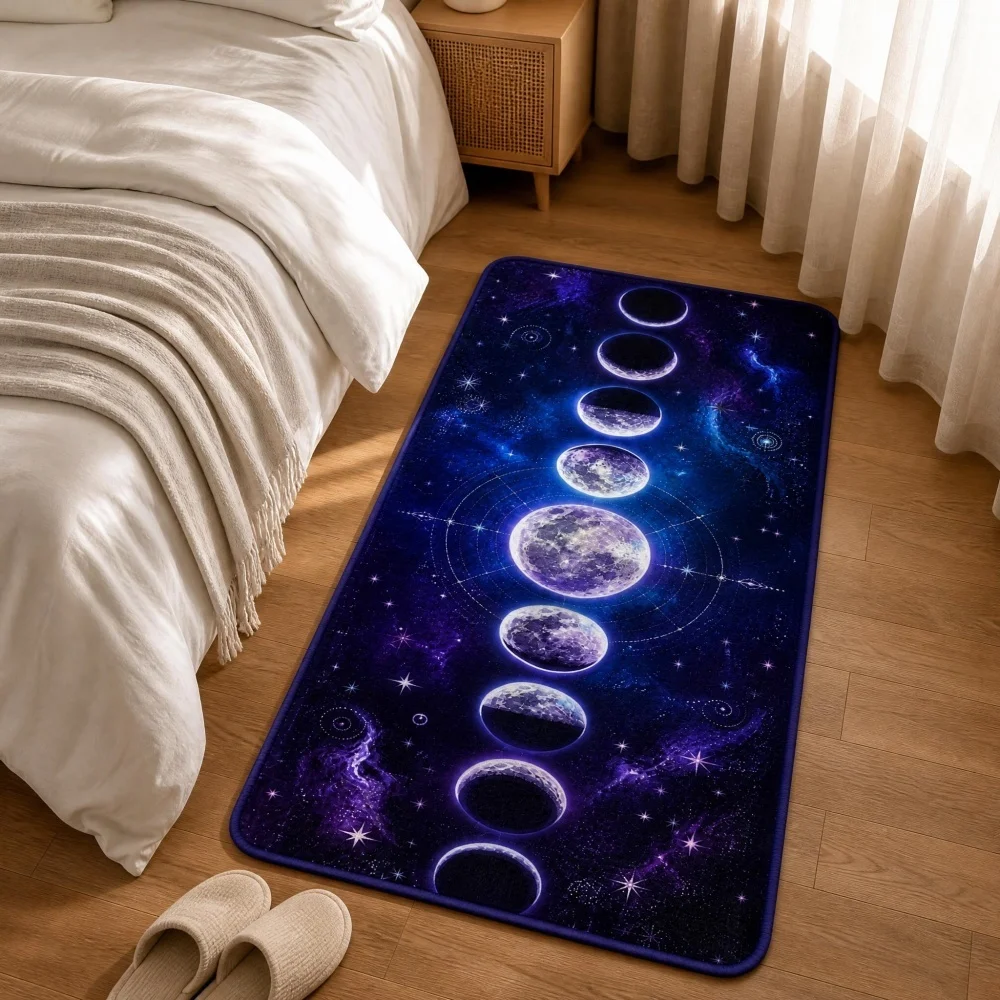 Moon Phase Galaxy Starry Sky Print Flannel Runner Rug, Celestial Astrology Style Non-Slip Floor Mat,Bedside Bedroom Decor Carpet