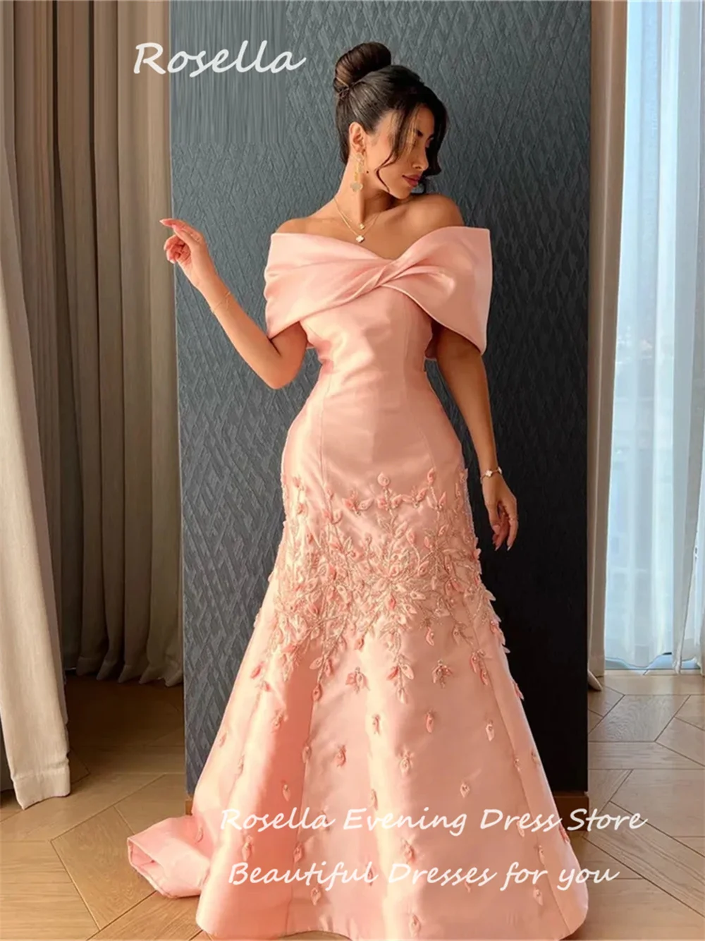 ROSELLA Pink Off Shoulder Women Evening Dresses A Line Floor Length Prom Gown 3D Flowers Beaded New 2023 فساتين الحفلات