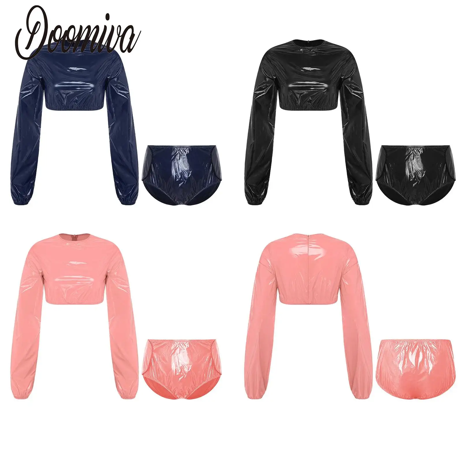 Women Waterproof Vinyl Swimwear Long Sleeve Crop Top And Side Hook-loop Fastener Diaper Cover Shorts Adaptive Wear Outfit