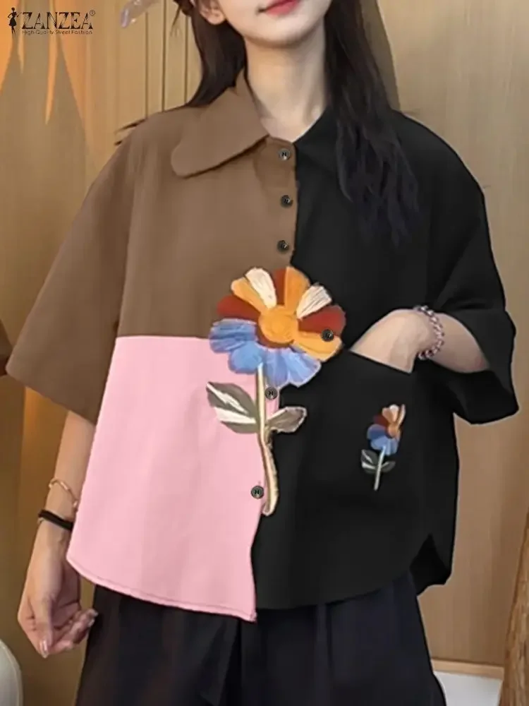 Women Tops ZANZEA Vintage Floral Print Shirt 2025 Summer Short Sleeve Pockets Elegant Blouse Fashion Buttons Office Work Blusas view 2