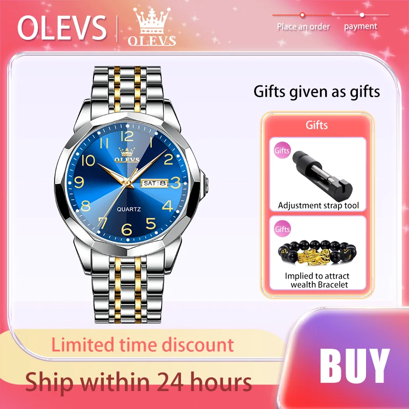 OLEVS Top Business Men Watch Digital Scale Prismatic Mirror Surface Quartz Watch Stainless Steel Strap Waterproof Dual calendar