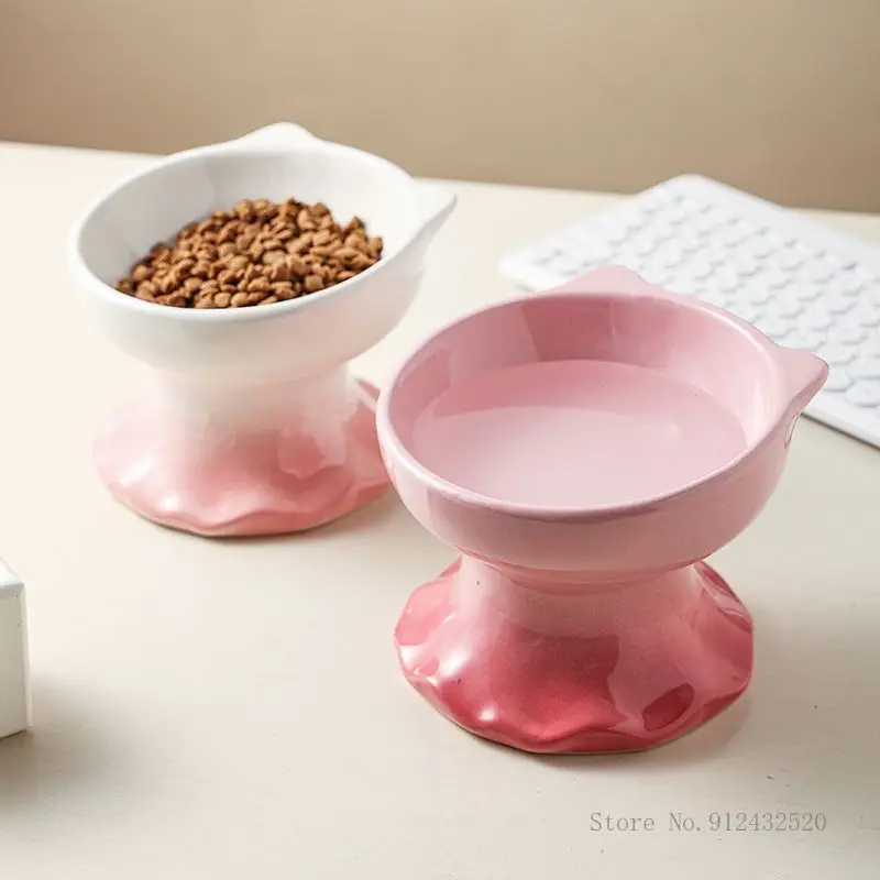 Creative Gradient Color Ceramic Protection Bowl Cervical Neck Flat Inclined Mouth Eating Drinking Water Dog Basin, Cat Bowl, 1Pc