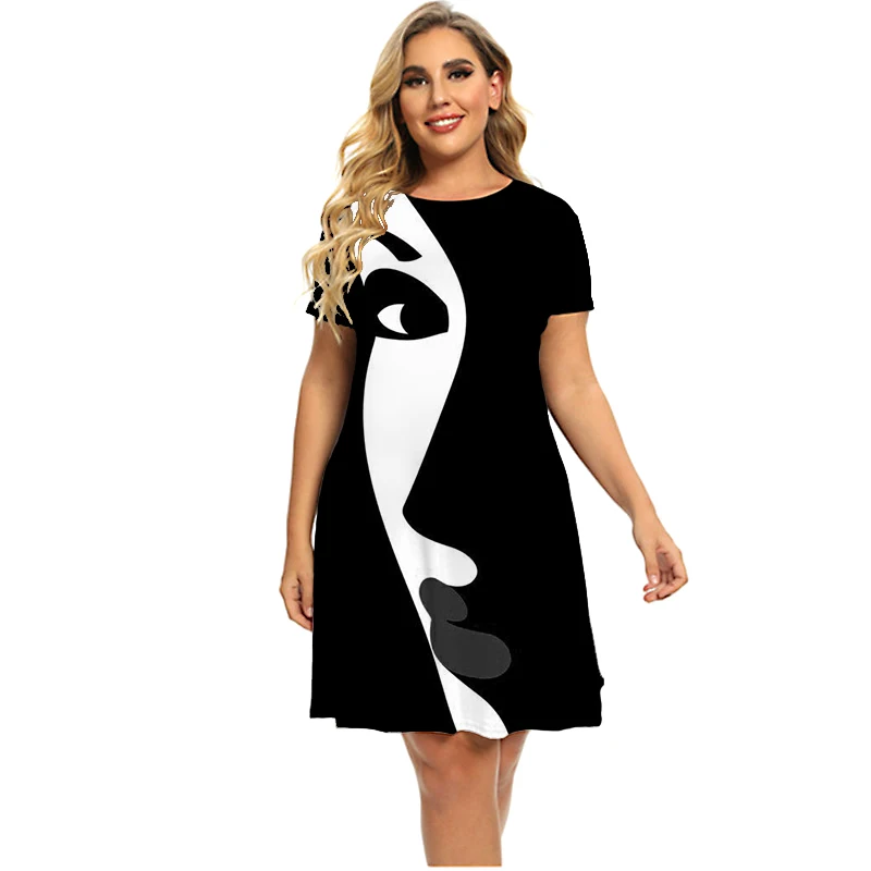 3D Abstract Print Painting Dress For Women 2022 Summer Short Sleeve Fashion Dress Casual Round Neck Loose Clothing Plus Size 6XL