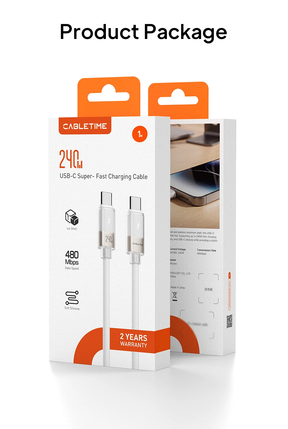 CABLETIME 240W USB-C-Kabel, Typ-C-Kabel, PD 3.1 Schnellladekabel für Xiaomi, Samsung, Laptop, MacBook Pro, iPhone 17/16 – Detail 14