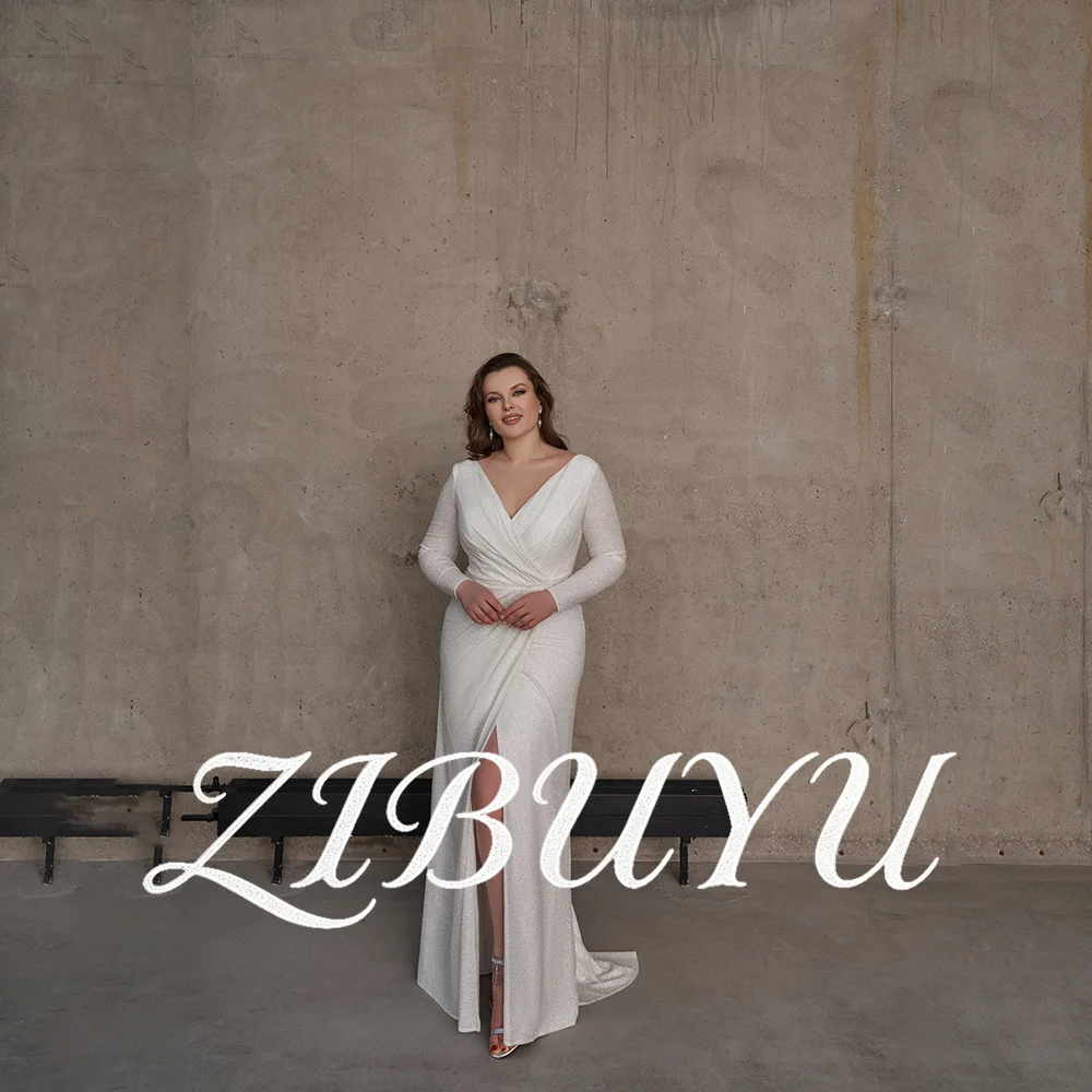 

ZIBUYU Customized Mermaid Plus Size Glitter Wedding Dress V Neck Long Sleeves Ruched Waist High Side Slit Open Back Bridal Gowns