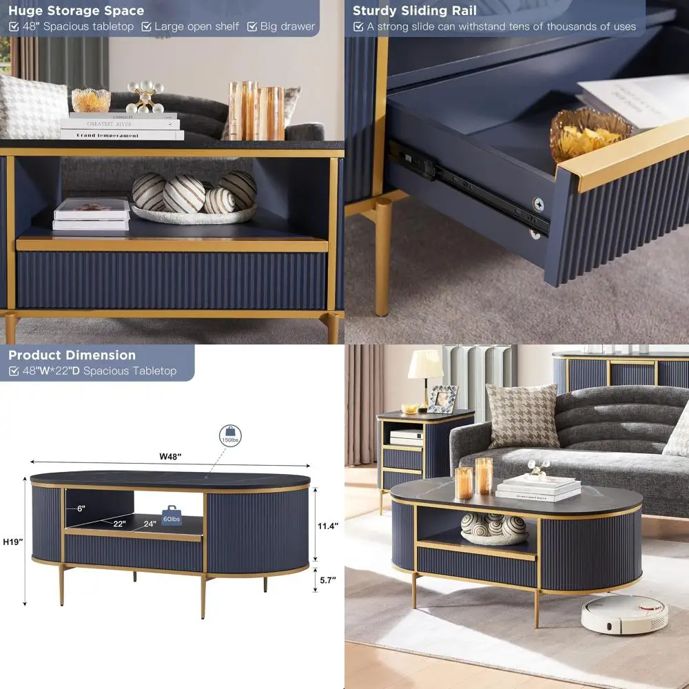 Elegante mesa de centro estriada azul marino, 48 ovaladas con cajón, mármol sintético, detalles dorados, centro de mesa de salón