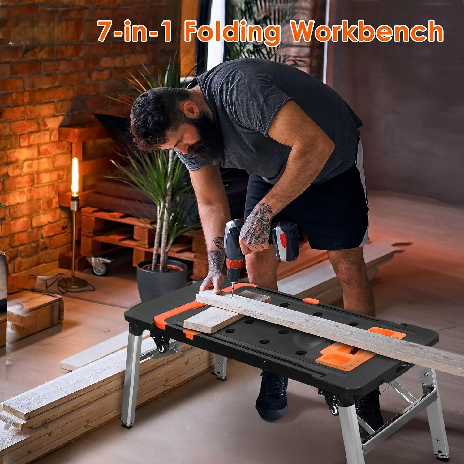 Portable Folding Workbench 551lbs Capacity Adjustable Height Table Scaffold Sawhorse Dolly Hand Truck Tray 4 Wheels
