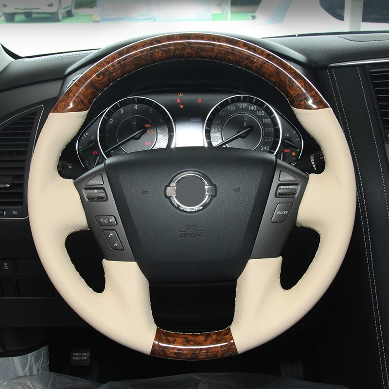 hand-stitched Mahogany Beige leather car steering wheel cover for Nissan PATROL Y62 PATROL Car Accessories Auto Interior