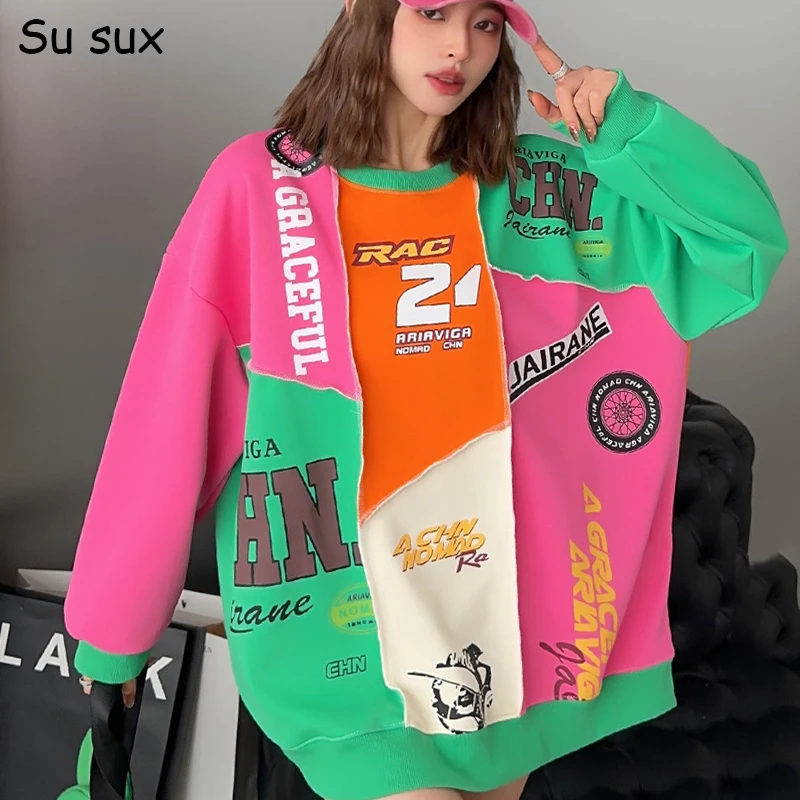 

Letter Print Patchwork Oversized T-shirt Women Clothing Y2k Korean Popular Clothes Top Casual Long Sleeve Tees Bust 130cm Femme