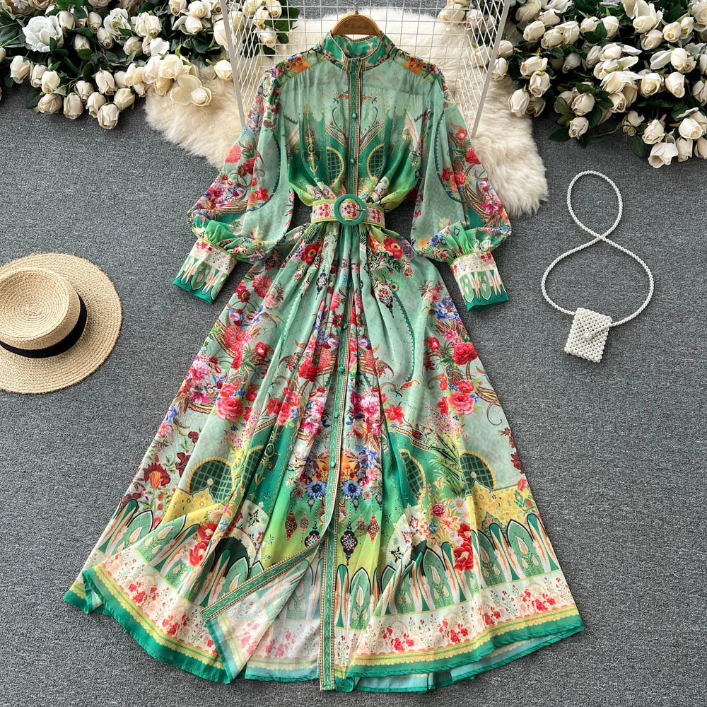 Ehqaxin 2023 Zomervakantie Strand Chiffon Zwierige Jurk Dames Opstaande Kraag Lantaarnmouw Bloemenprint Boho Lange Gewaden S-2XL