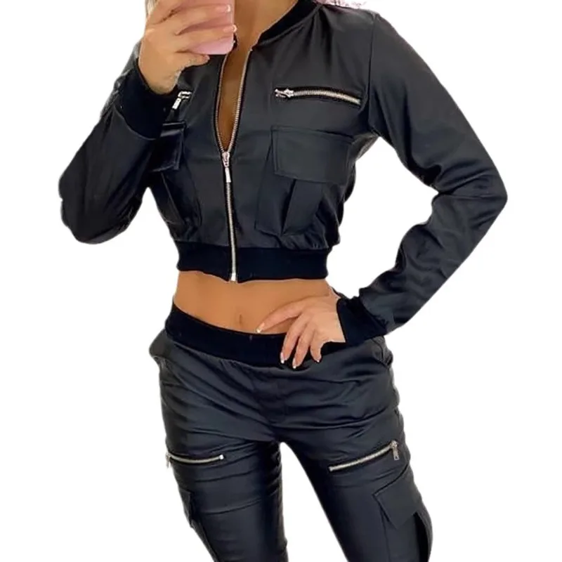 Nuovi cappotti e giacche Giacca con o-collo a maniche lunghe con design tascabile con cerniera Giacca in pelle da donna in stile corto PU dimagrante moda nera
