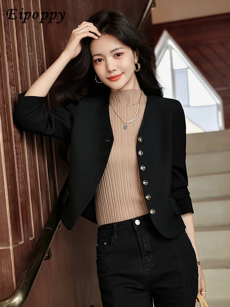 ชุดสูทสีกาแฟลำลองเสื้อแจ็คเก็ตลำลองทรงสั้นสำหรับผู้หญิง