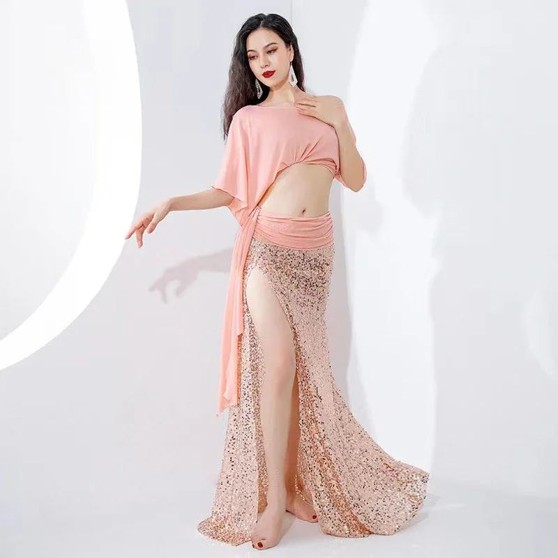 Traje de práctica de danza del vientre para mujer, Top de manga corta de hilo, falda de lentejuelas de sirena, ropa de ejercicio de danza Oriental