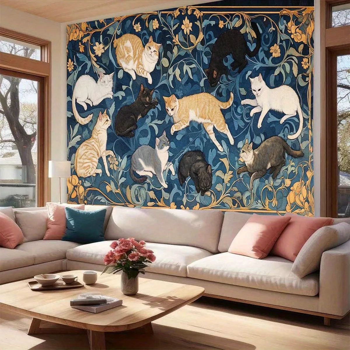 Oversized Lovely Cats Patterned Tapestry Whimsical Cute Kitten Backdrop Wall Hanging for Room Live Broadcast Party Decor