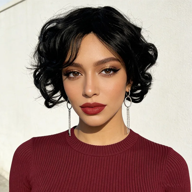 

Retro Short Curly Wig for Women, Fluffy Bob Style, European and American Synthetic Fiber Hairpiece