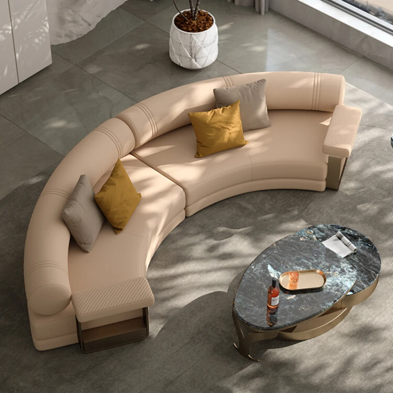 Italian-Style Light Luxury Leather Living Room Sofa Semi-Lying Large Flat Luxury Cowhide Curved Sofa Villa