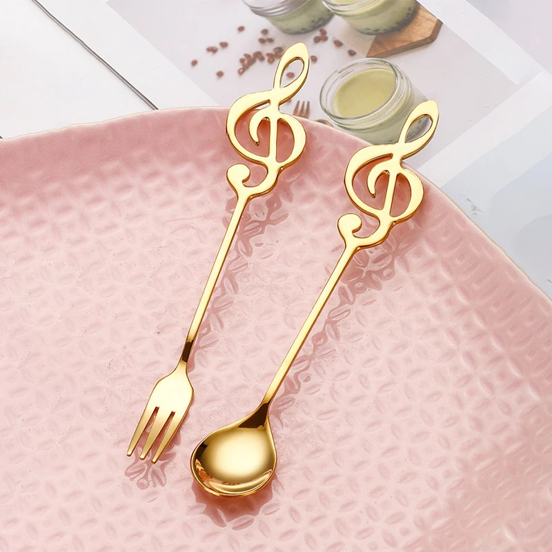 Musical Note Spoon Fork Set Stainless Steel Coffee Stirring Spoon  Ice Cream Dessert Teaspoons Creative Gift Kitchen Tableware