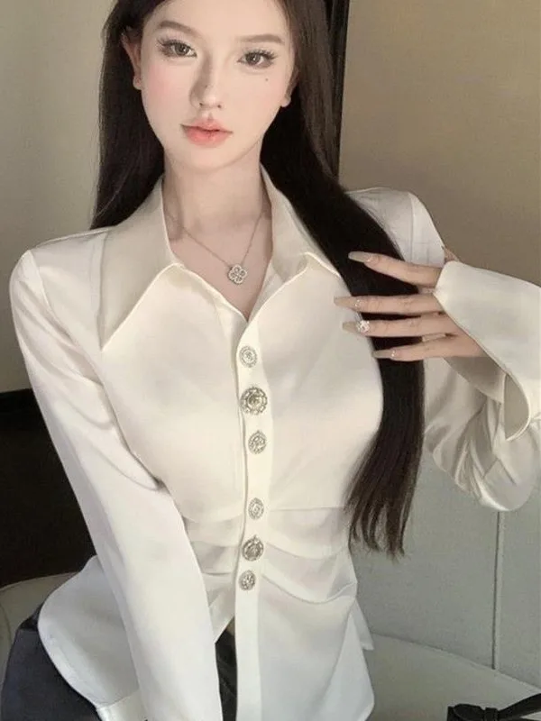 

Ele Satin Long Sve irt Women's High-End Design Early Spring Autumn White Top French Sle Slim Fit Collar