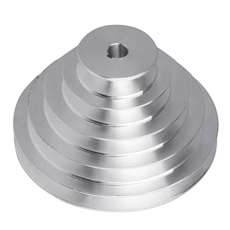 D8KF Aluminum A Type 5 Step Pagoda Pulley Wheel 150mm Outer Diameter 14mm to 28mm Bore for V-shaped Timing Belt