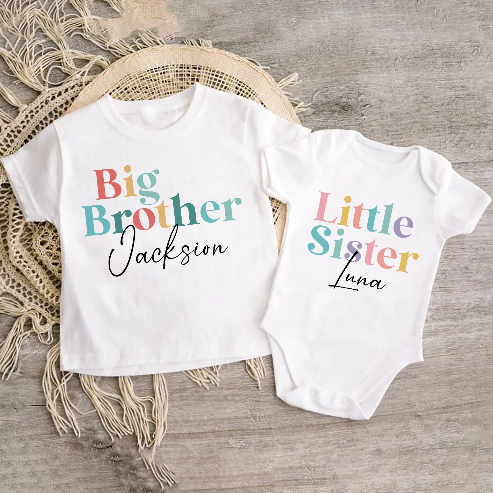 

Personalized Big Brother Little Sister Matching Shirt Custom Name Sibling T-shirt Girls Boys Short Sleeve Tops Tee Baby Bodysuit