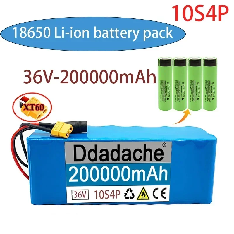 Novo 10s4p 36v 200ah 100% original 20000w grande capacidade 18650 bateria de lítio scooter de bicicleta elétrica com plugue bms xt60