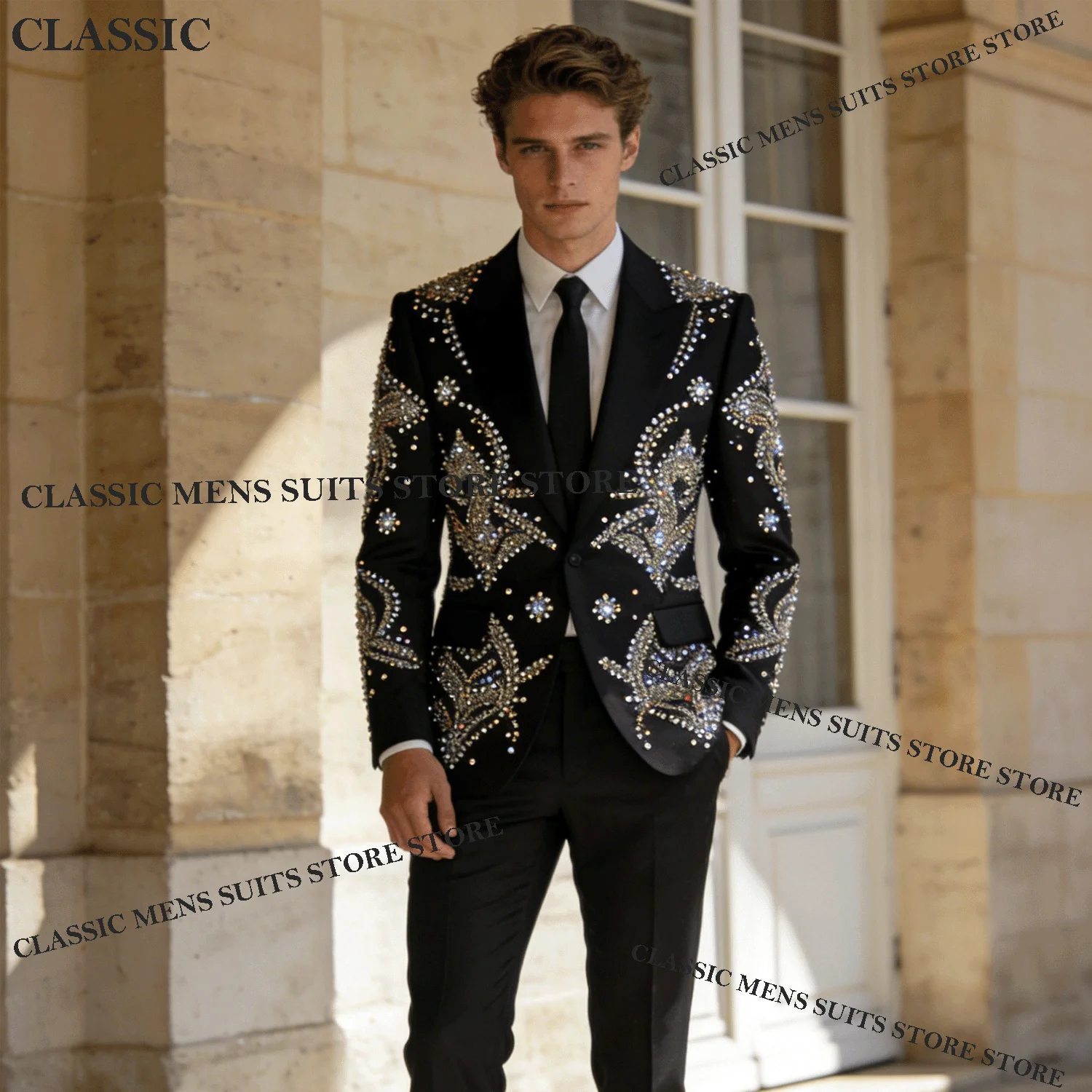 

Glitter Customized Tuxedos Men Suits Exquisite Diamond Decoration Peaked Lapel Groom 2Pieces Set Wedding Male Prom Blazers suit