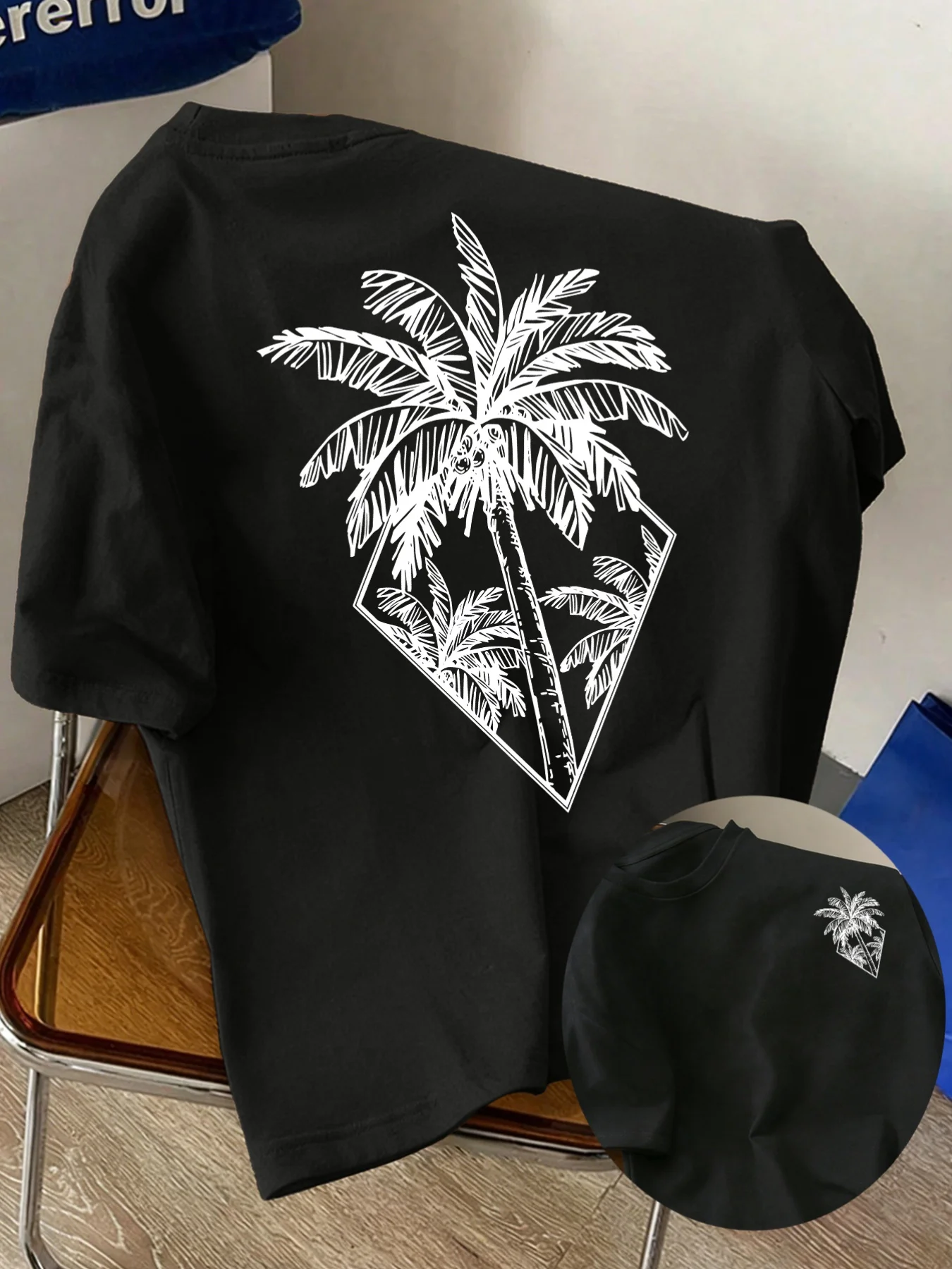 Men's Adult T-shirt, Breathable, 100% Pure Cotton, Tropical Palm Tree Print, Summer Loose-Fitting Casual and Fashionable T-shirt