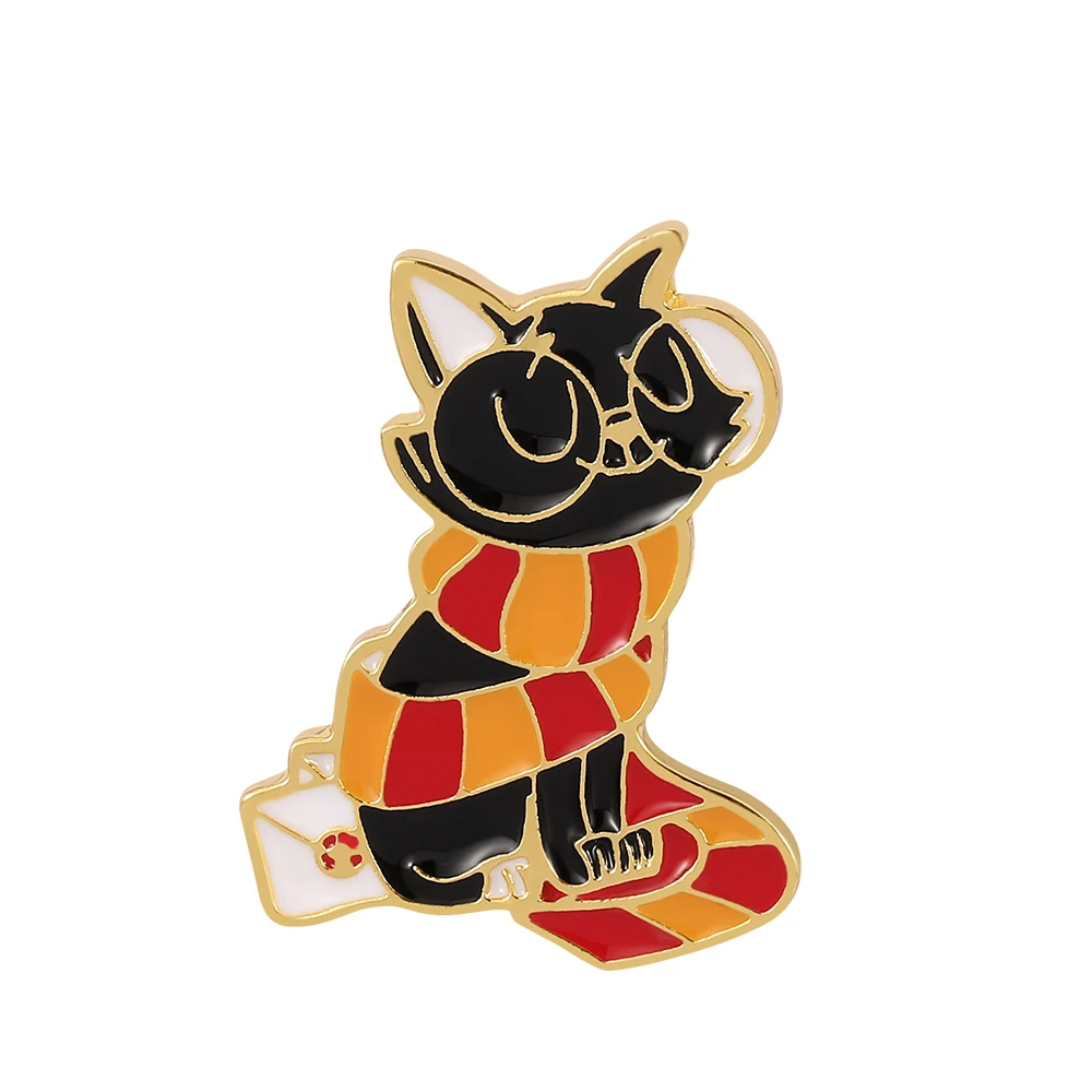 Pin de esmalte duro de gato mágico de Gryffindors, lindos dibujos animados, bufanda de animales, broche dorado de gatos negros, alfileres para mochila de moda