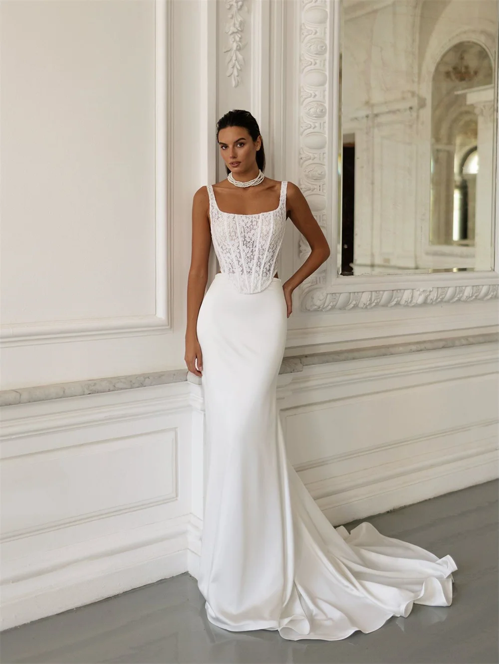 Tokyo Lace Bodice Square Neck Bridal Gown Mermaid Tail Floor Length Wedding Ceremony Backless Design Formal Evening Party Satin