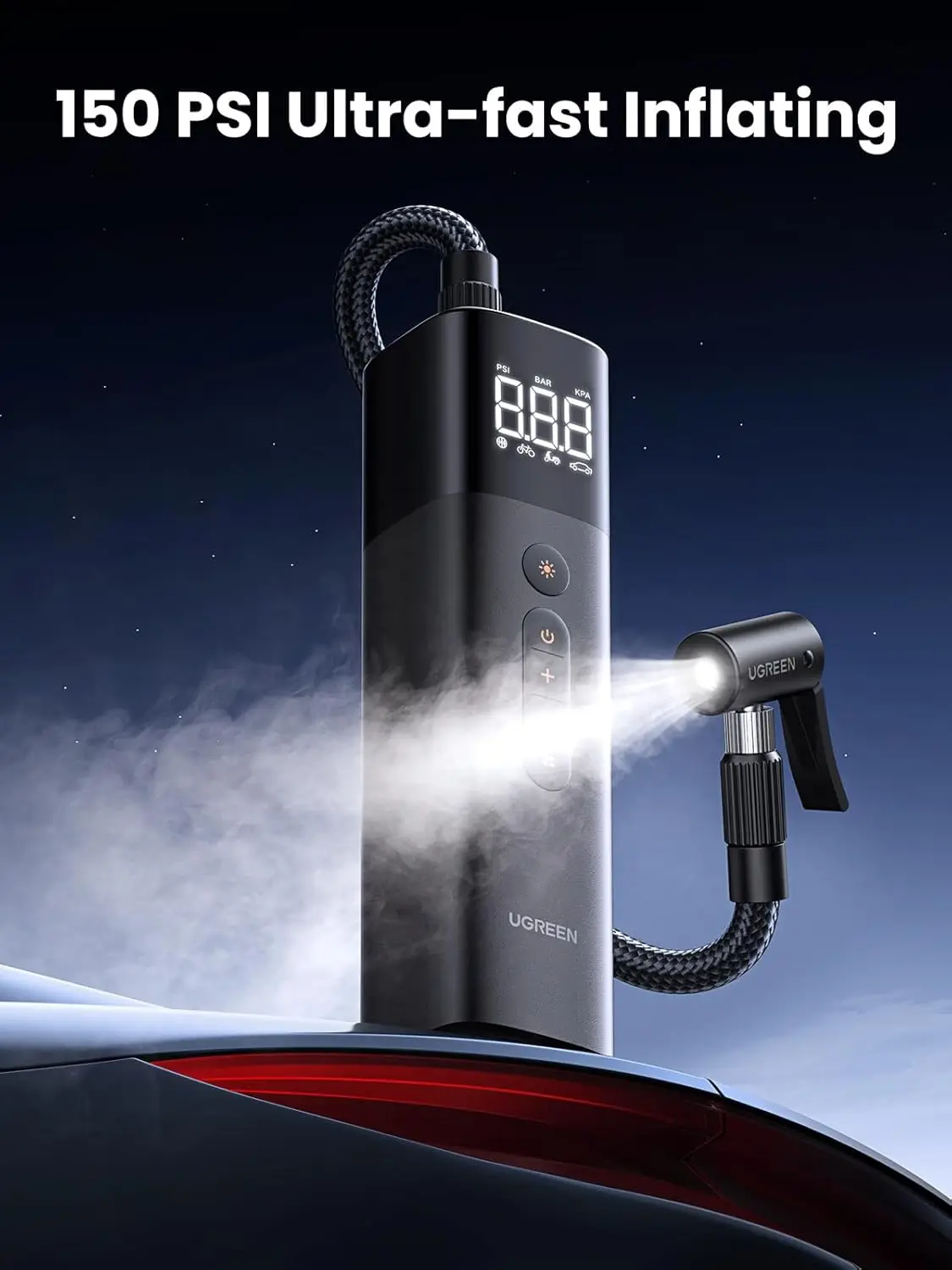 유그린 타이어 인플레이터 디지털 자동차 타이어 펌프 150 PSI 12V 타이어 인플레이터 압력 감지 LED 라이트 휴대용 에어 펌프