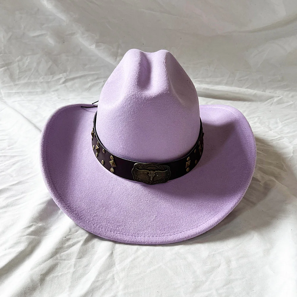 Light purple men's cowboy hat Western cowboy hat Ancient copper cowl label curled brim concave convex hat top Ethnic  sombrero