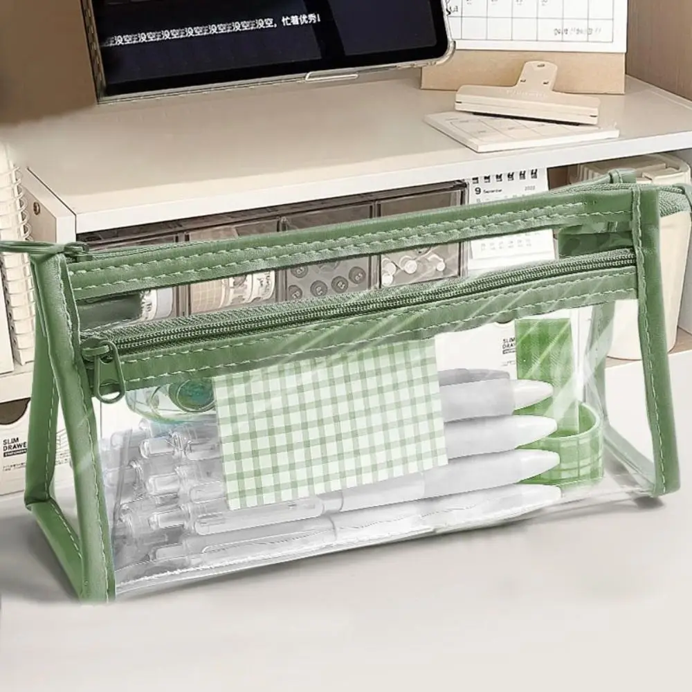 Korean Large Capacity Stationery Bag Transparent PVC Pencil Bag Waterproof Double Zipper Storage Bag Cosmetic