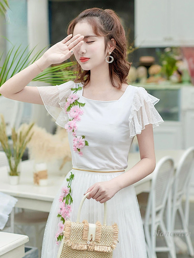 Women\'s Short-Sleeved T-shirt Fairy Lace Spring-Summer Top Square Collar Three-Dimensional Flower White Cotton Tees