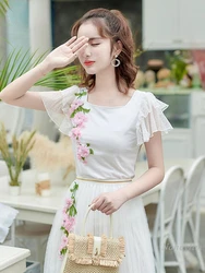 Women's Short-Sleeved T-shirt Fairy Lace Spring-Summer Top Square Collar Three-Dimensional Flower White Cotton Tees