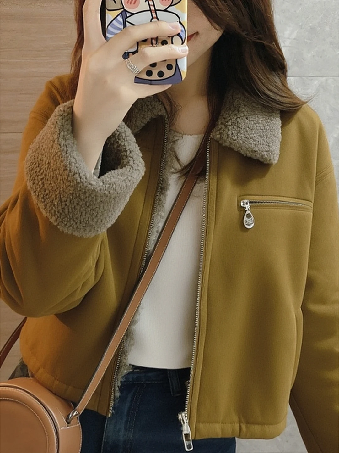 Abrigo de piel de cordero de gamuza marrón para mujer, ropa de abrigo transpirable con cuello de piel y piel, invierno, 2026