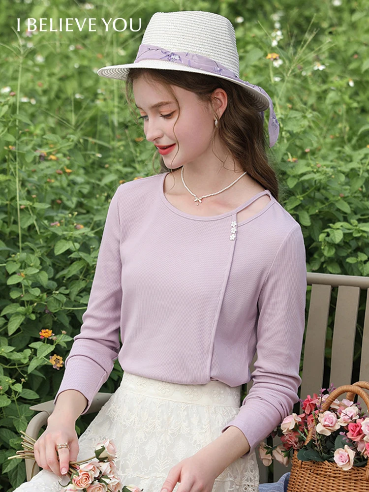 

I BELIEVE YOU Purple Knit Chic Long Sleeve T-shirt for Women 2024 Spring New Slim Positive Shoulder Hollow Out Blouse 2241015476