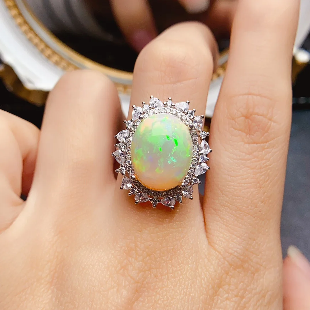S925 Silver Natural Opal Ring, 12*15mm Oval Gemstone Zircon Halo Adjustable Women Statement Ring