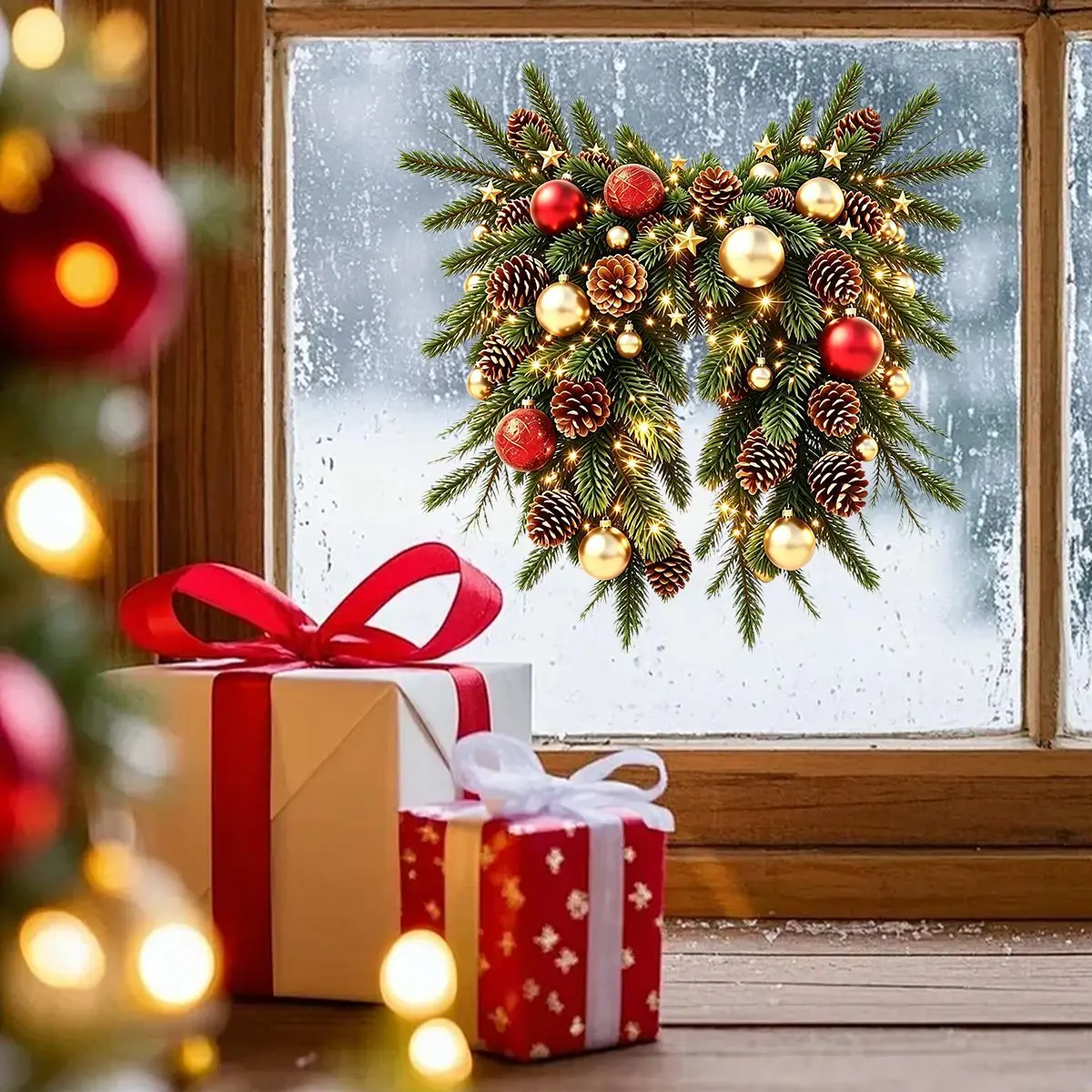 Christmas Pine Branch Wreath Window Stickers Static Cling Glass Decals withCones Ornaments for Shop Window Home Holiday Decor