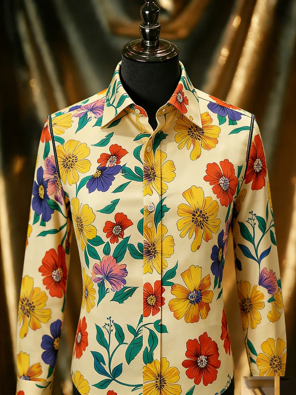 Men Cream Yellow Vibrant Colorful Floral Flower Print Long Sleeve Shirt Turn Down Collar Holiday Party Casual Daily Tops