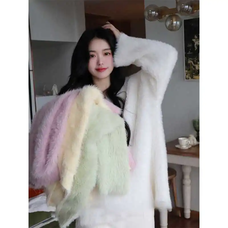 Lazy Plush Soft Glutinous Casual Top Coat 2024 Autumn/Winter New Style Imitation Mink Veet V-Neck Knitted Sweater