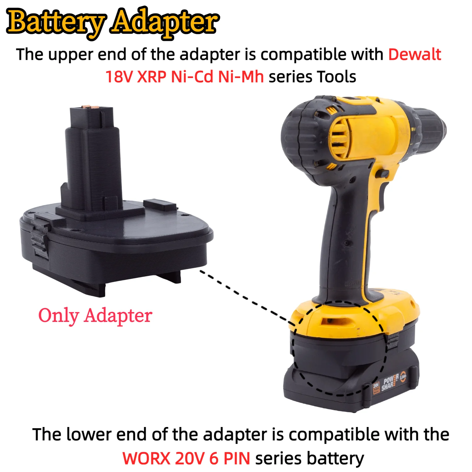 Battery Adapter/Converter for WORX 20V 6 PIN Li-ion Battery TO Dewalt 18V XRP Ni-Cd Ni-Mh Cordless Drill Tools(Only Adapter)