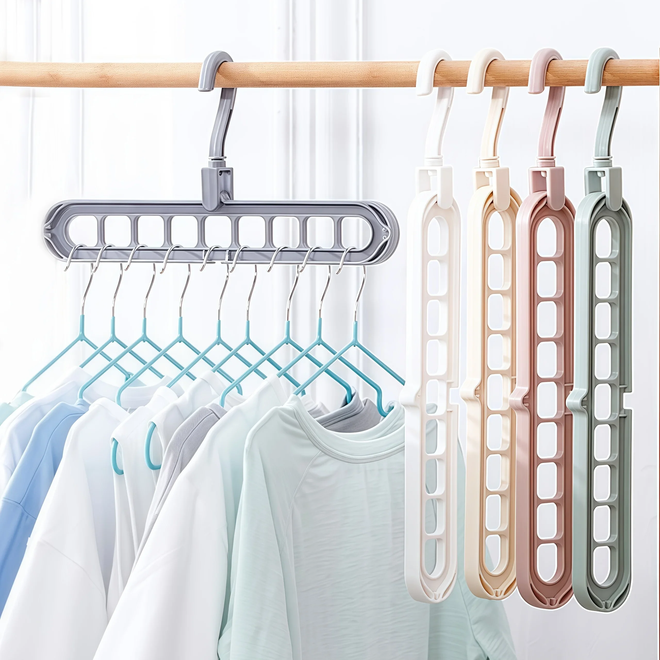 Perchas de armario de 9 agujeros que ahorran espacio, organizador de plástico para camisas y pantalones, almacenamiento Vertical plegable, organización eficiente del armario