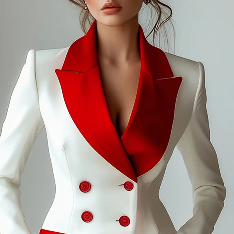 

Fashion Contrast Notched Collar Women's Jacket Coat Elegant Double Breasted Office Blazer Autumn Long Sleeve Sexy Top Outerwears