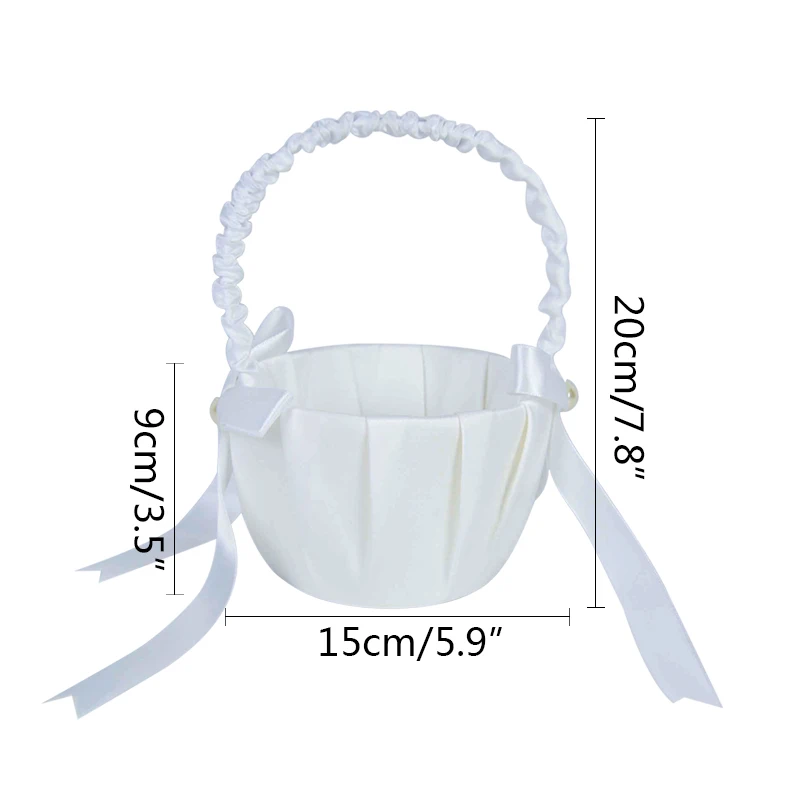 20cm White Flower Basket Silk Wedding Basket for Flower Bride Girls Kids Hand Held Wedding Ceremony Party Decorations